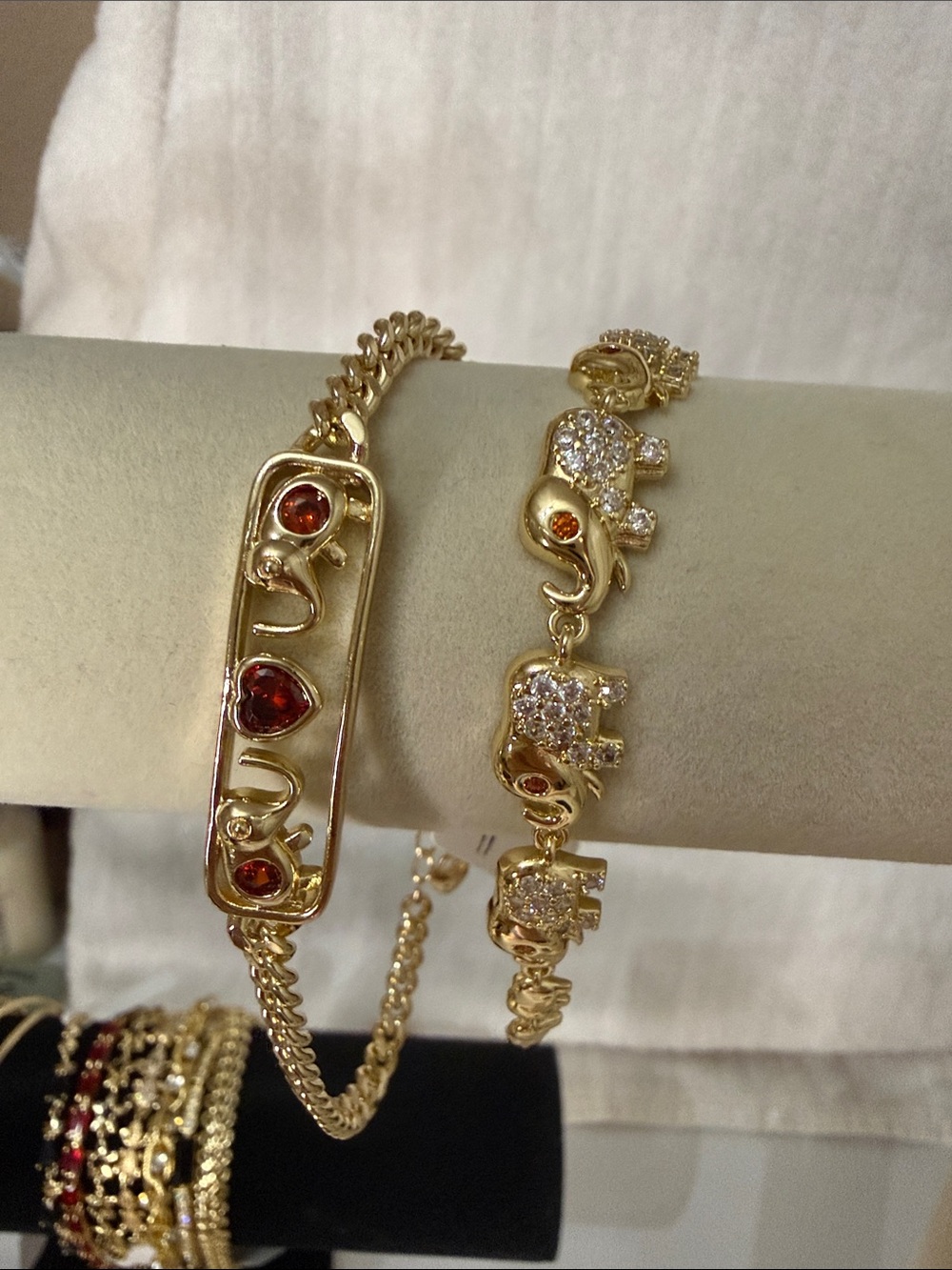 Gold Elephant & Red Gem Bracelet Set - Women Jewelry